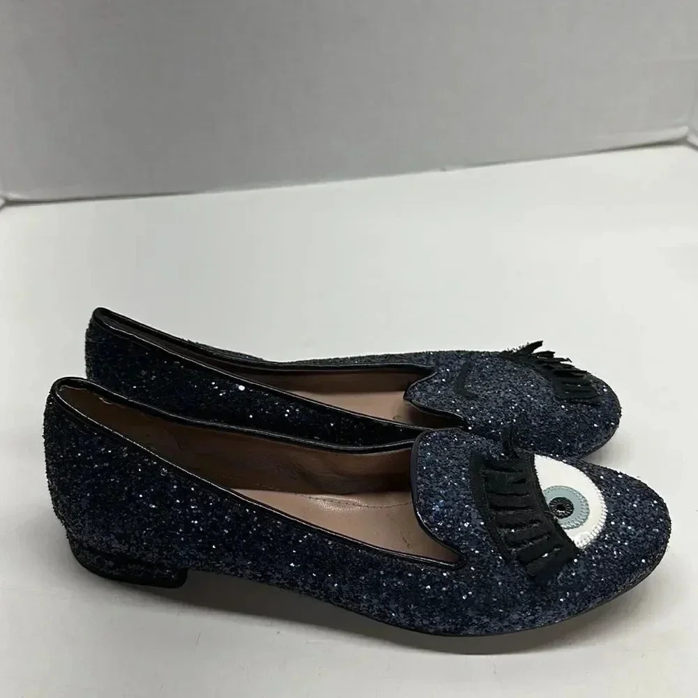 Chiara Ferragni Glitter Ballet Flats Shoes Wink Evil Eye Navy Blue Size 36 6